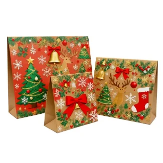 Eco-Friendly Recyclable Materials Durable Custom Christmas Style Kraft Paper Bags Ribbon Handles Gift Candy Packaging Craft