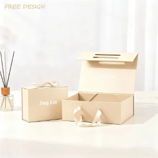 Custom Logo Rigid Magnet Folding Paper Flat Pack Packaging Box Ribbon Handle Recycled Materials Luxury Magnetic Gift Box Closure